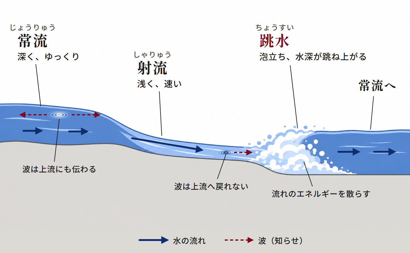 川の流れの断面図。常流（深く、ゆっくり）／射流（浅く、速い）／跳水（泡立ち、水深が跳ね上がる）／常流へ